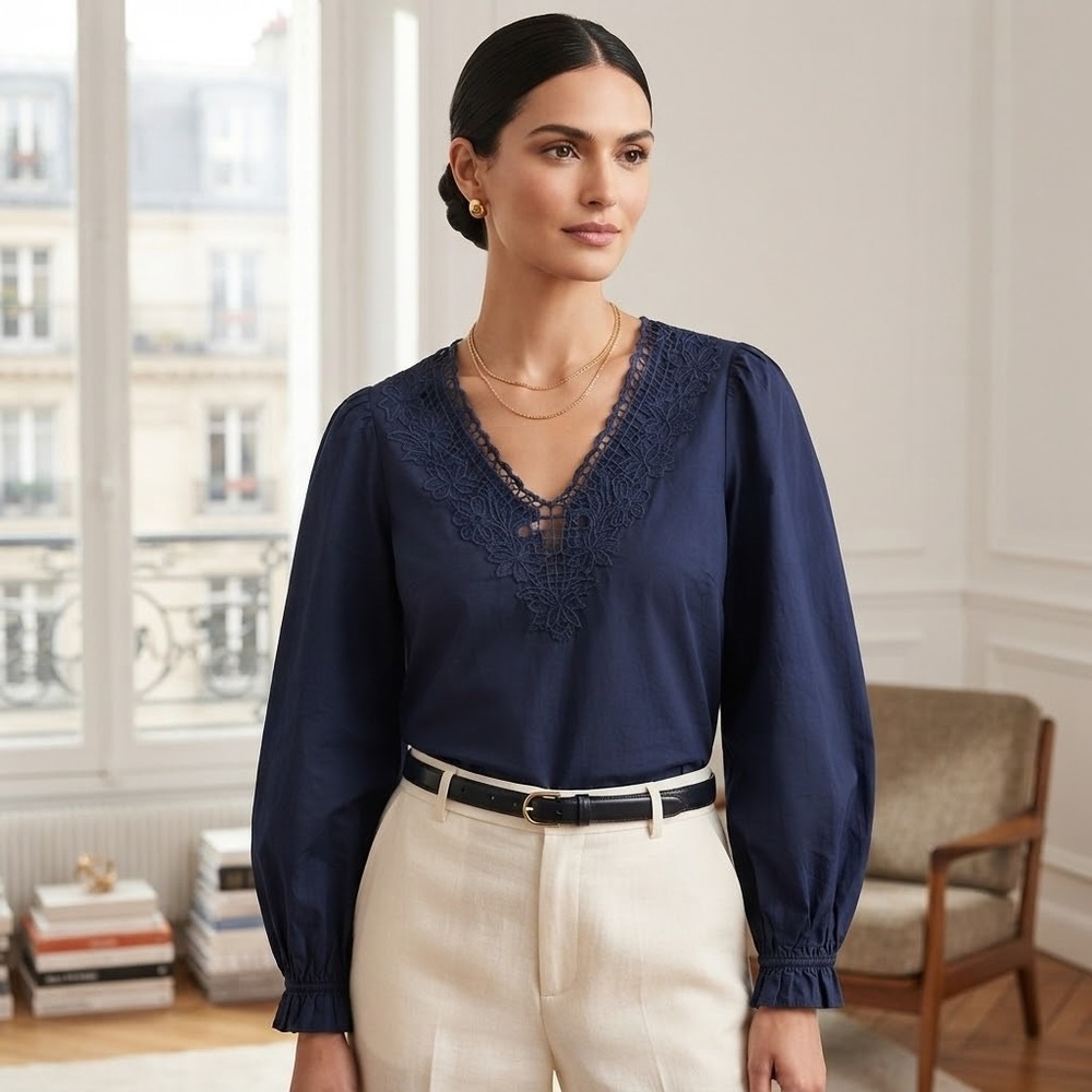 J. Crew NWT Women's Size M Cotton Lace Accent Blouse V-neck Dark Blue Blouse